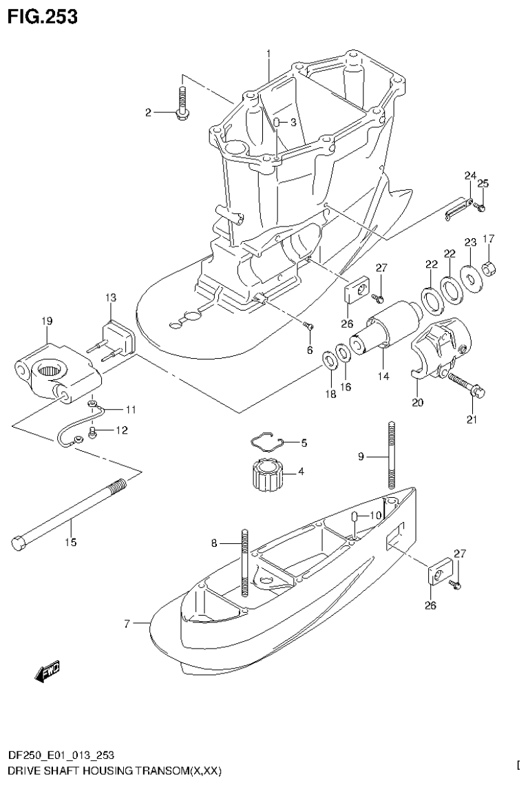 Suzuki DF200T, DF200Z, DF225T, DF225Z, DF250T, DF250Z DRIVE SHAFT HOUSING TRANSOM(X,XX) (DF225T E1) parts diagram